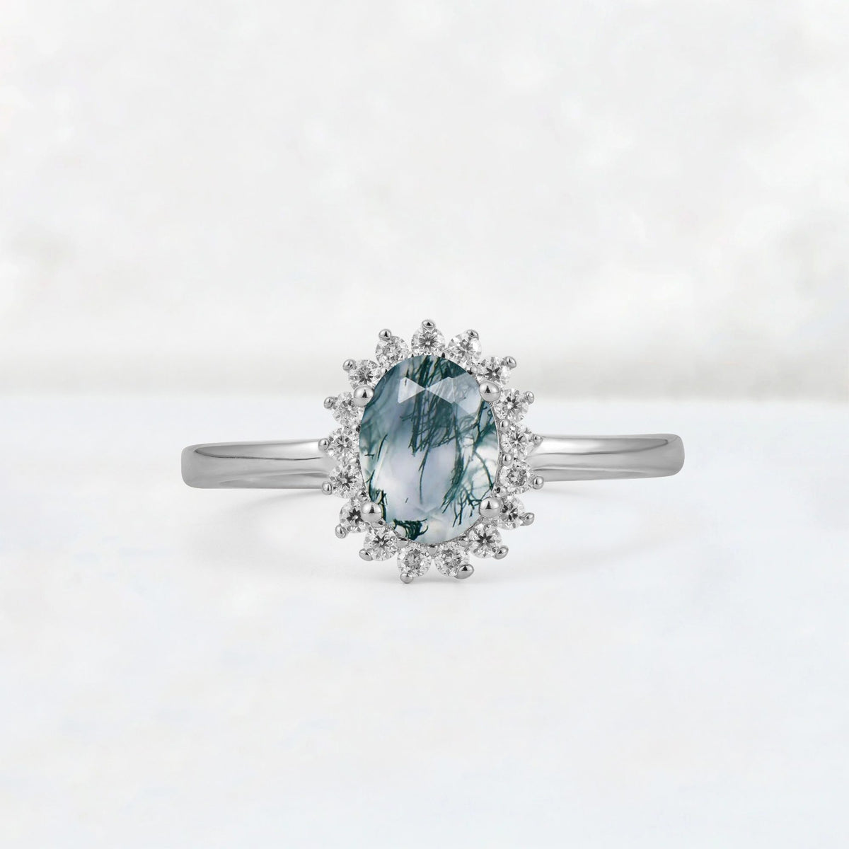 Oval Moss Agate Halo Vintage Engagement Ring - Additional view