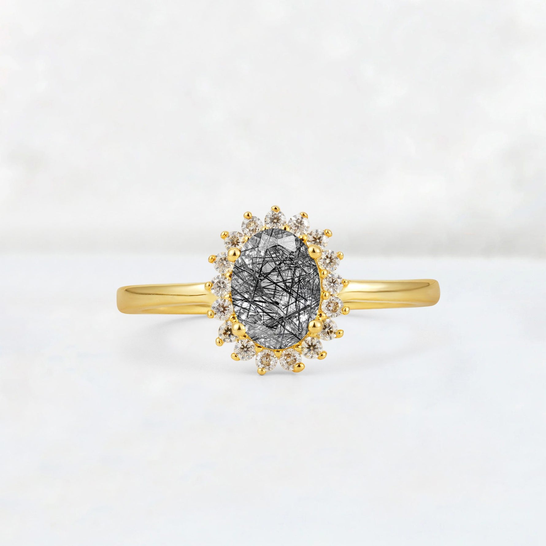 Oval Black Rutilated Quartz Halo Vintage Engagement Ring - Additional view