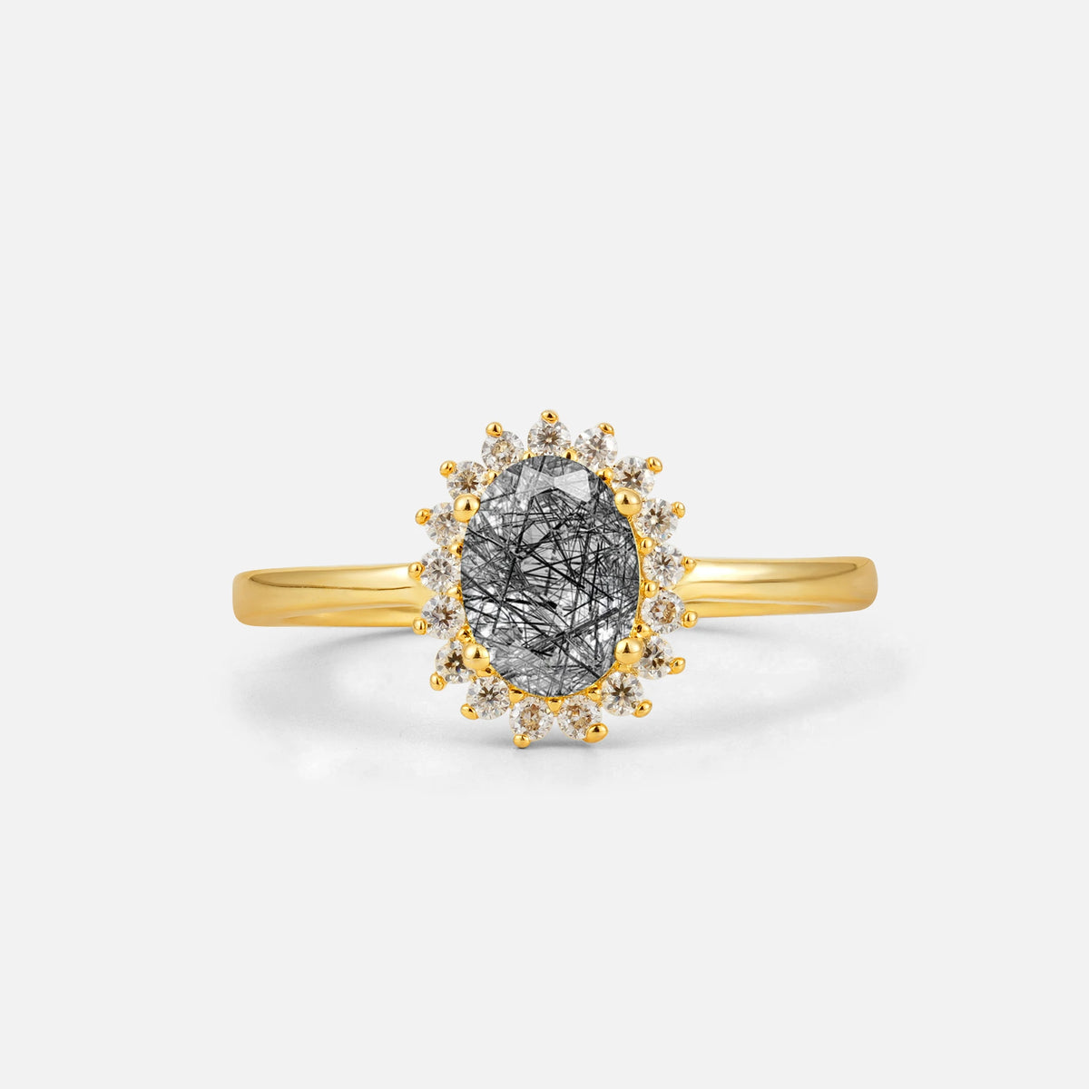 Oval Black Rutilated Quartz Halo Vintage Engagement Ring