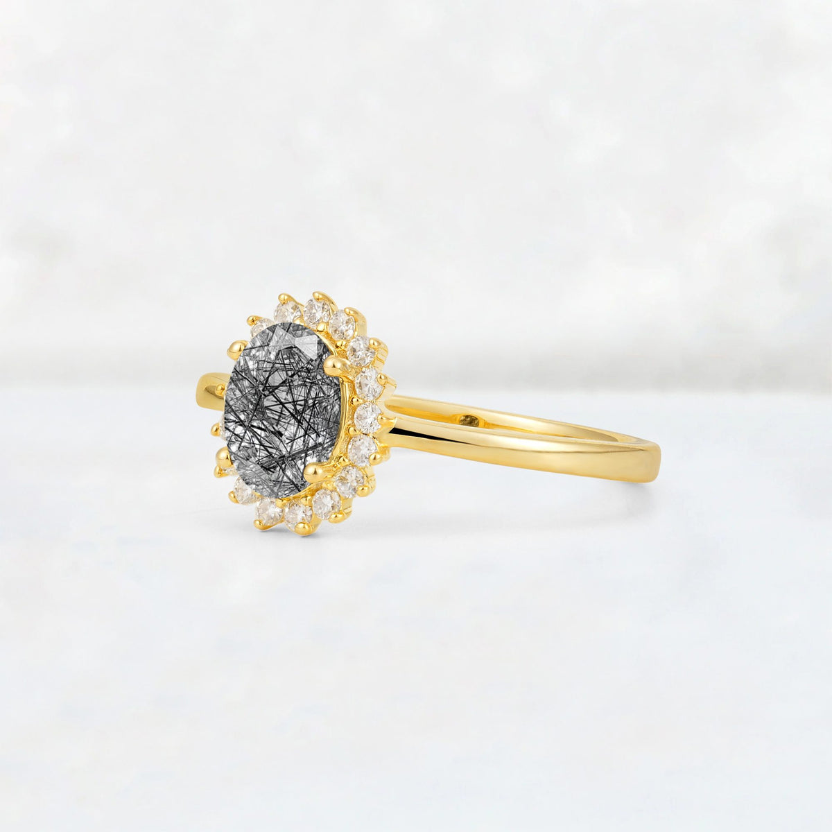 Oval Black Rutilated Quartz Halo Vintage Engagement Ring - Additional view