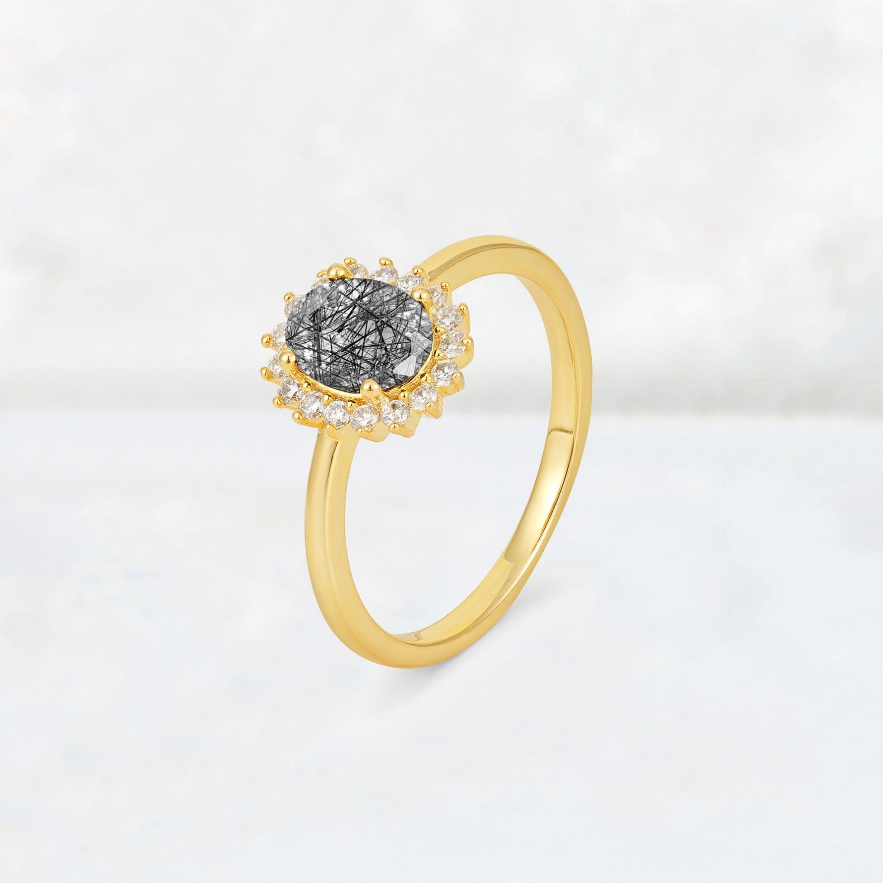 Oval Black Rutilated Quartz Halo Vintage Engagement Ring - Additional view