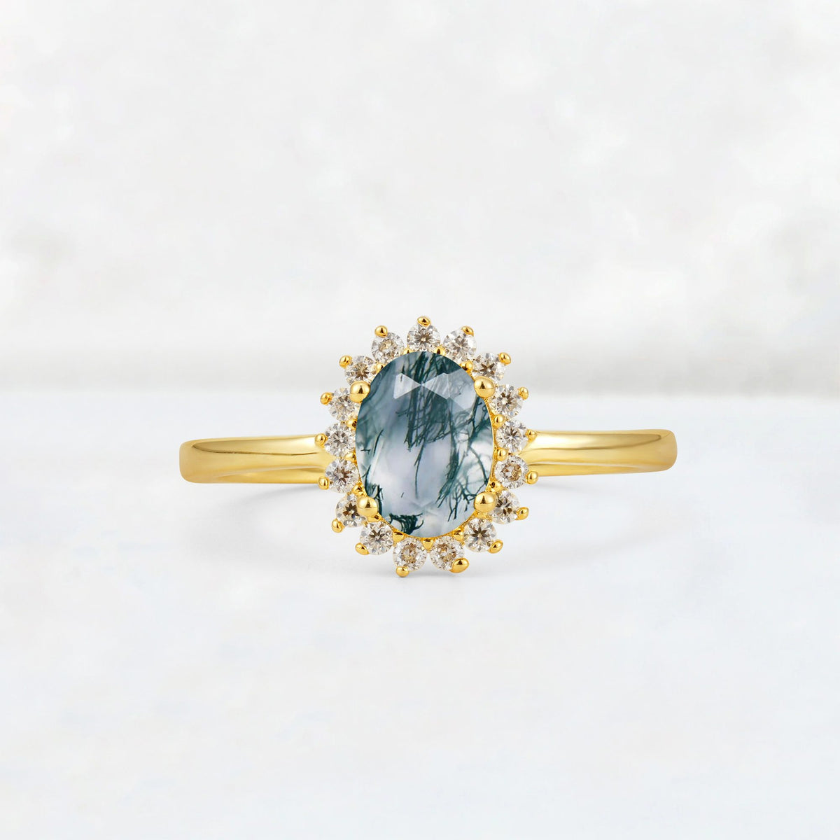 Oval Moss Agate Halo Vintage Engagement Ring - Additional view