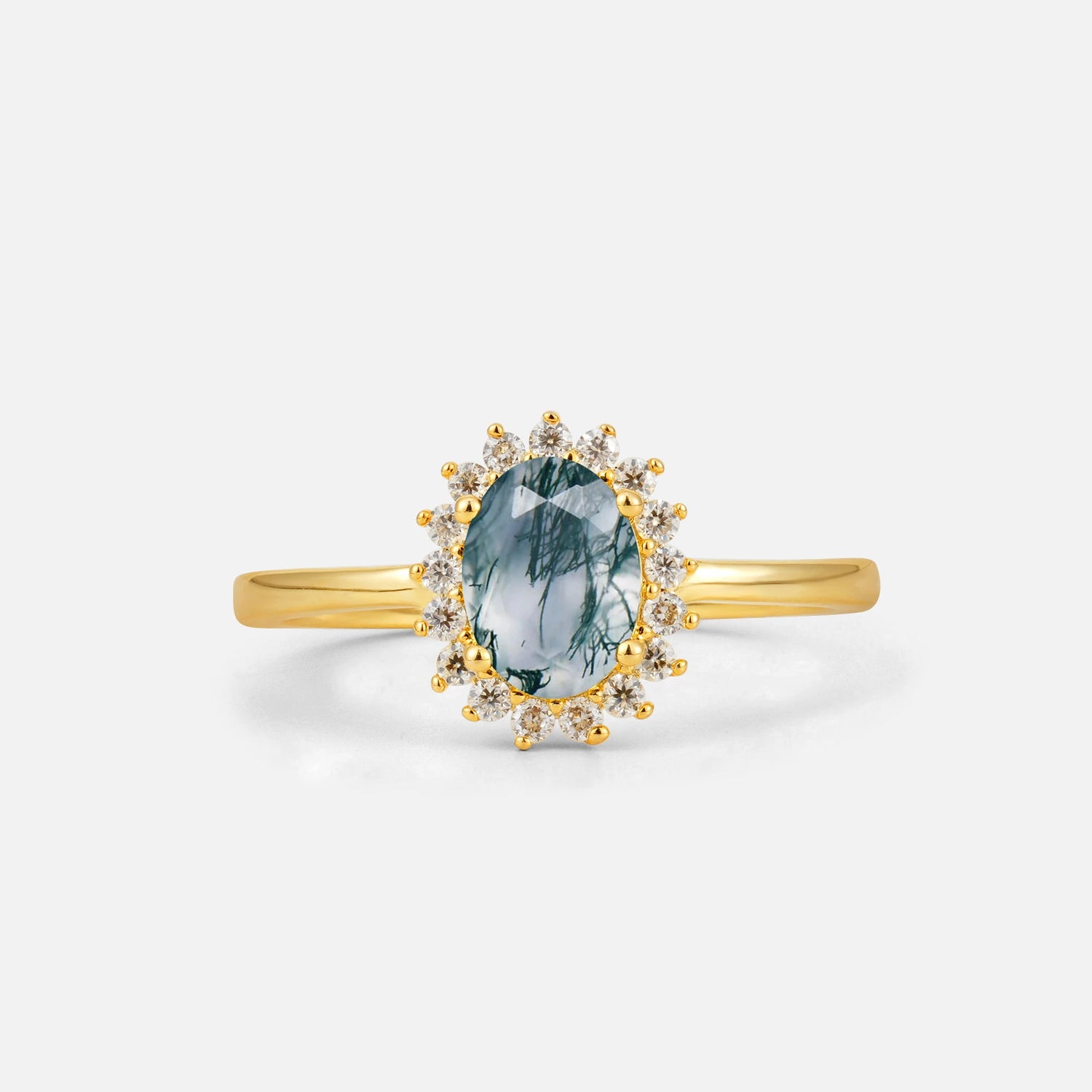 Oval Moss Agate Halo Vintage Engagement Ring