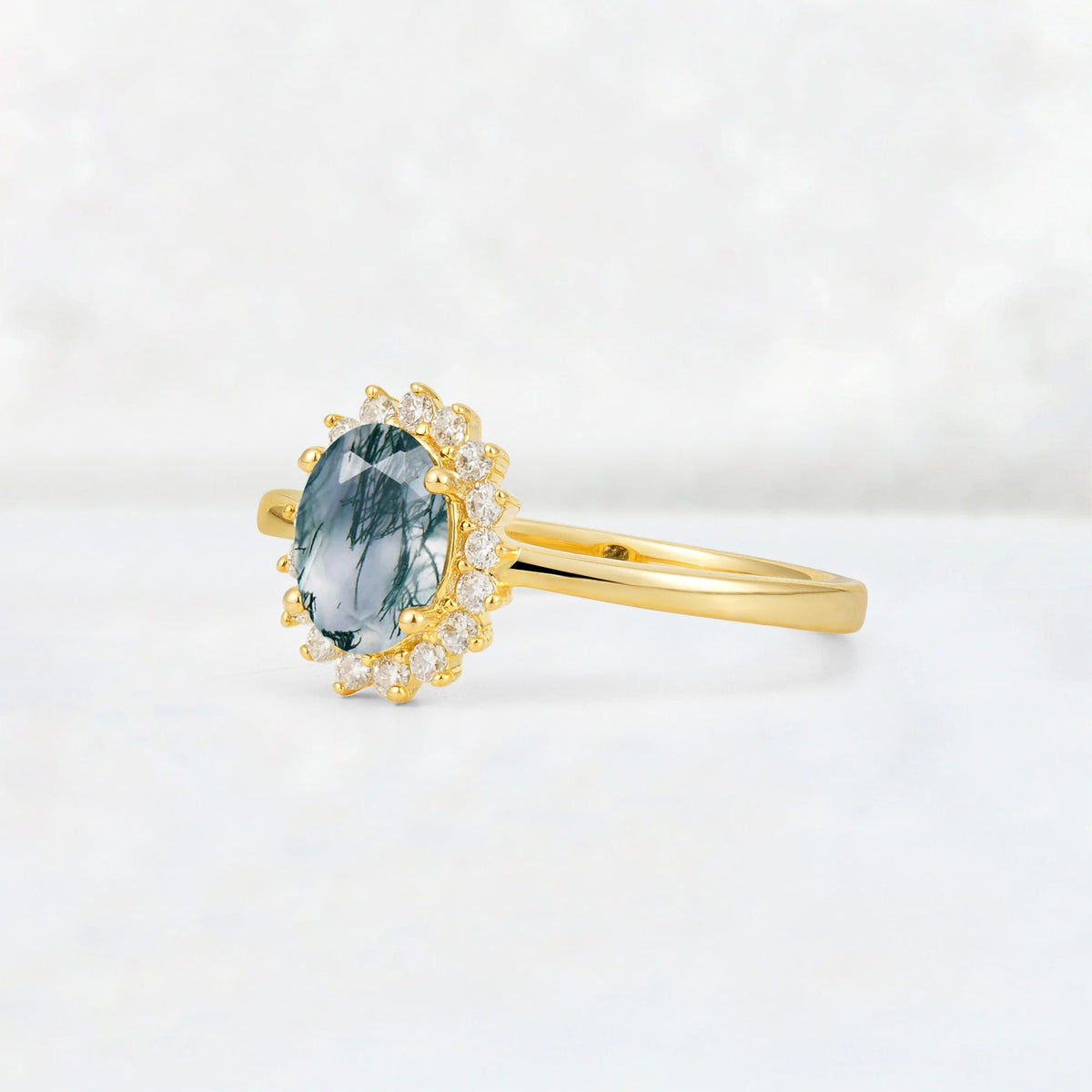 Oval Moss Agate Halo Vintage Engagement Ring - Additional view