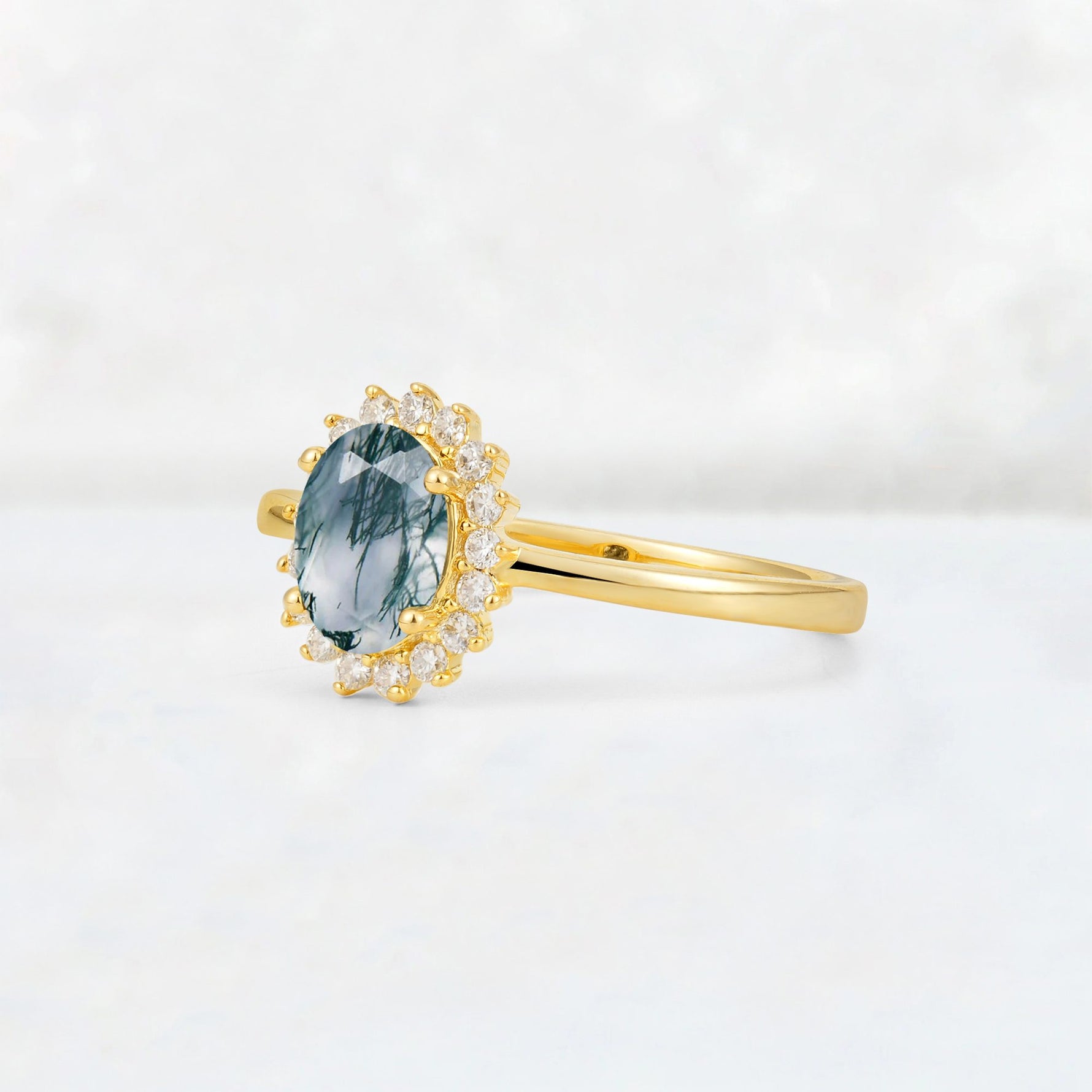 Oval Moss Agate Halo Vintage Engagement Ring - Additional view