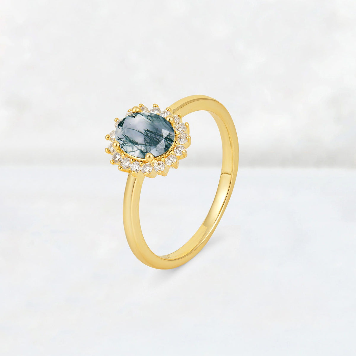 Oval Moss Agate Halo Vintage Engagement Ring - Additional view