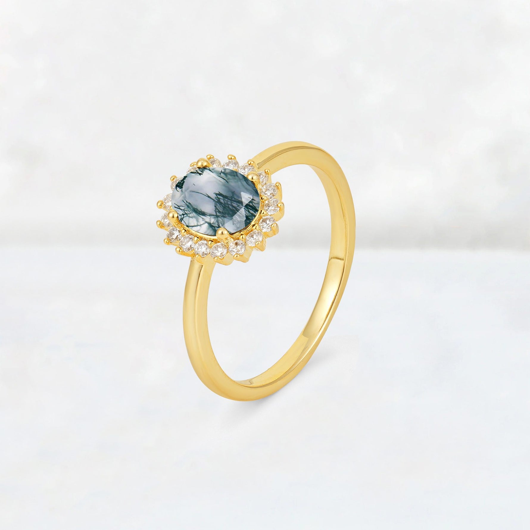 Oval Moss Agate Halo Vintage Engagement Ring - Additional view