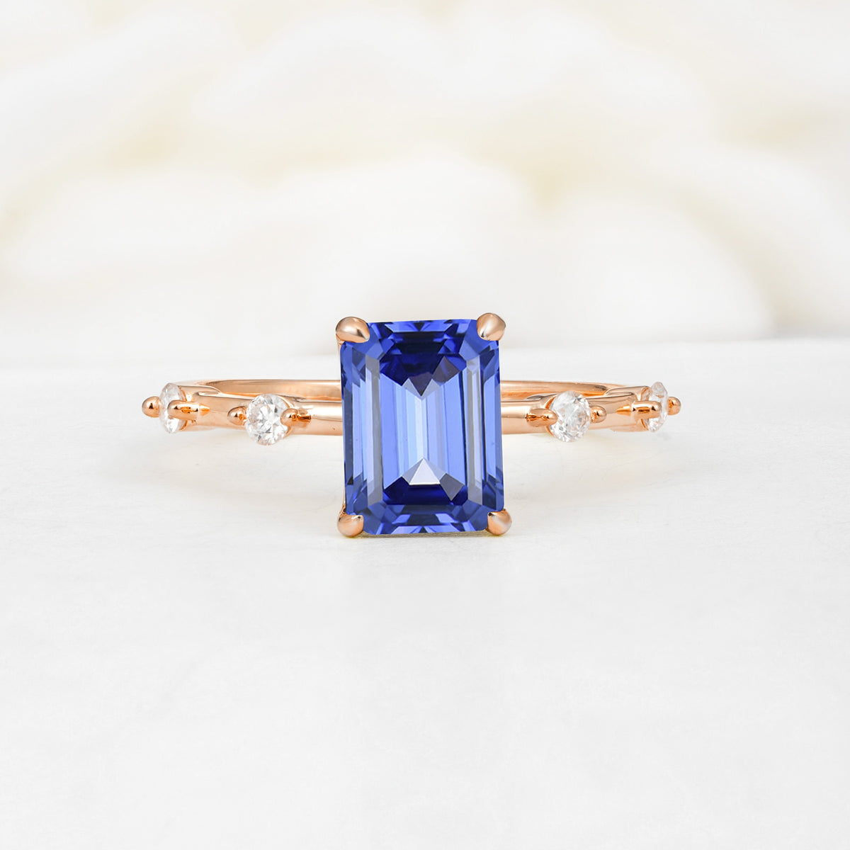 Minimalist Emerald Cut Side Stone Accent Sapphire Engagement Ring - Additional view