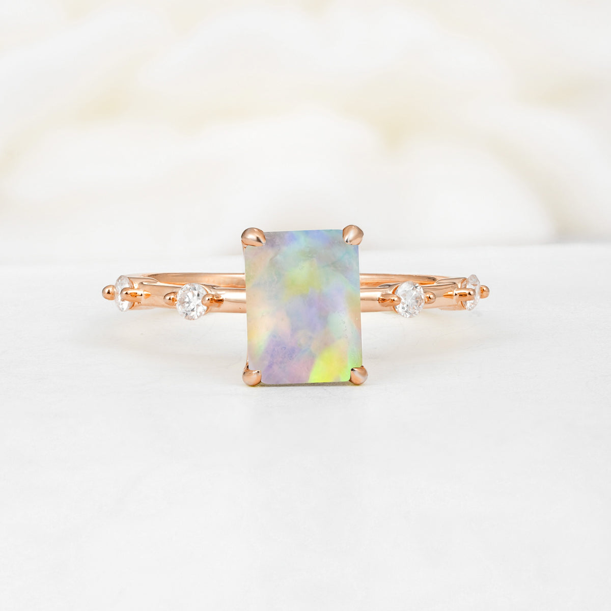 Minimalist Emerald Cut Side Stone Accent Fire Opal Engagement Ring - Additional view