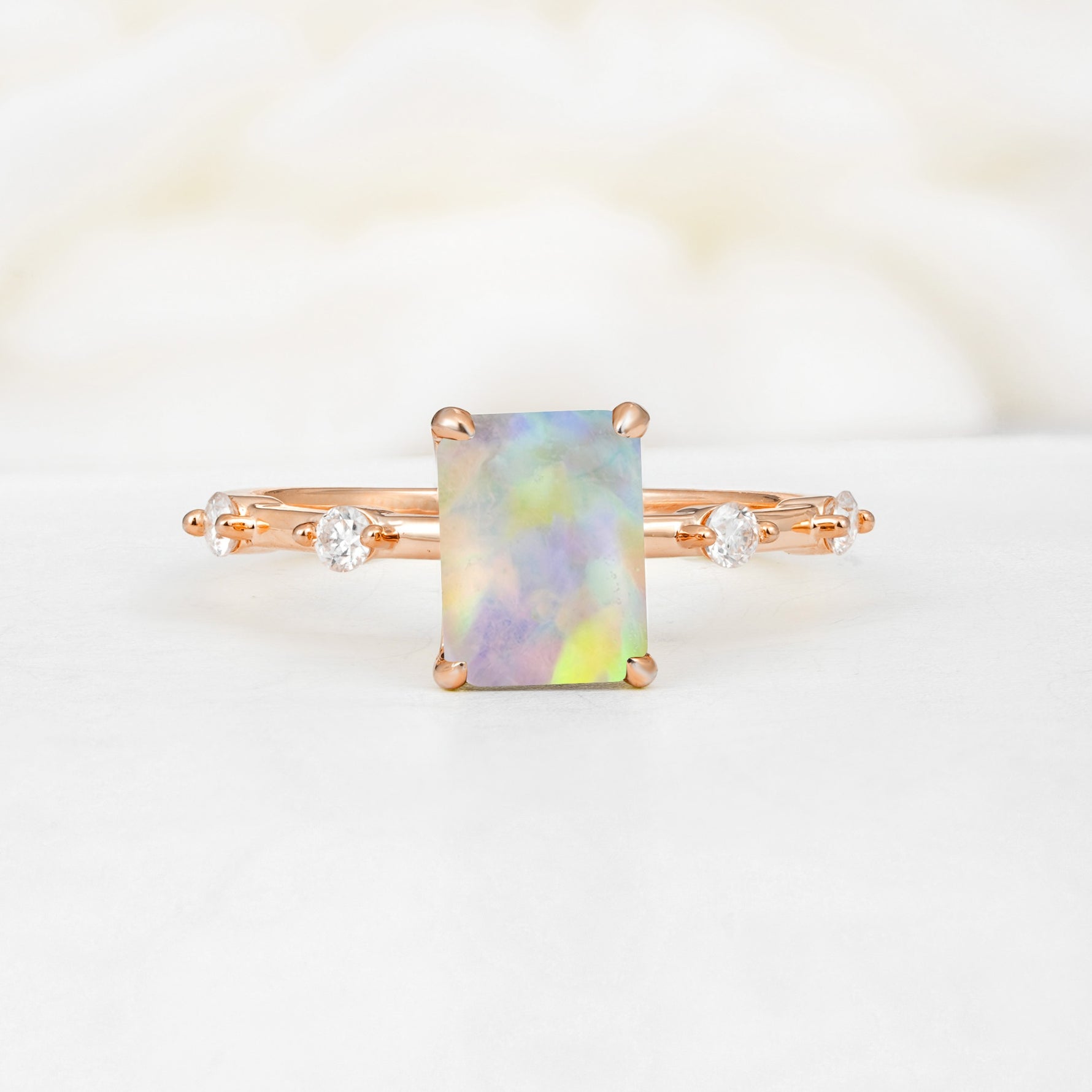 Minimalist Emerald Cut Side Stone Accent Fire Opal Engagement Ring - Additional view
