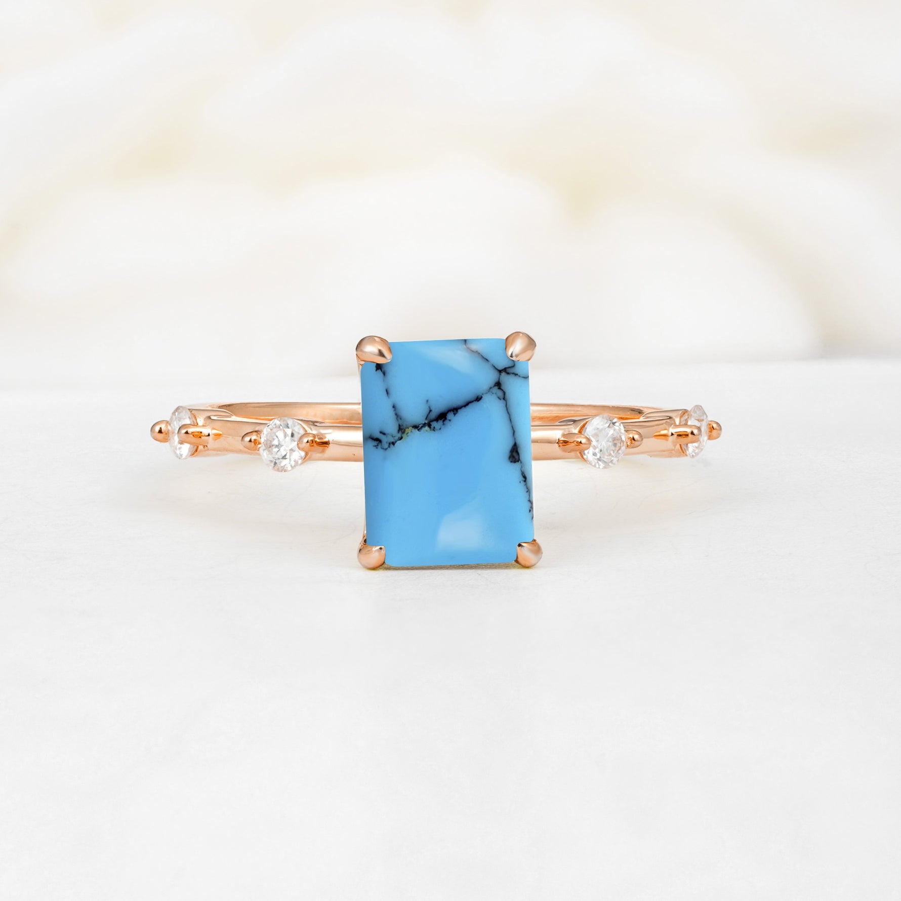 Minimalist Emerald Cut Side Stone Accent Turquoise Engagement Ring - Additional view