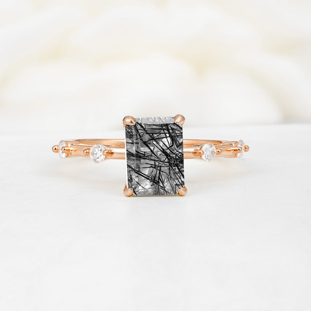 Minimalist Emerald Cut Side Stone Accent Black Rutilated Quartz Engagement Ring - Additional view