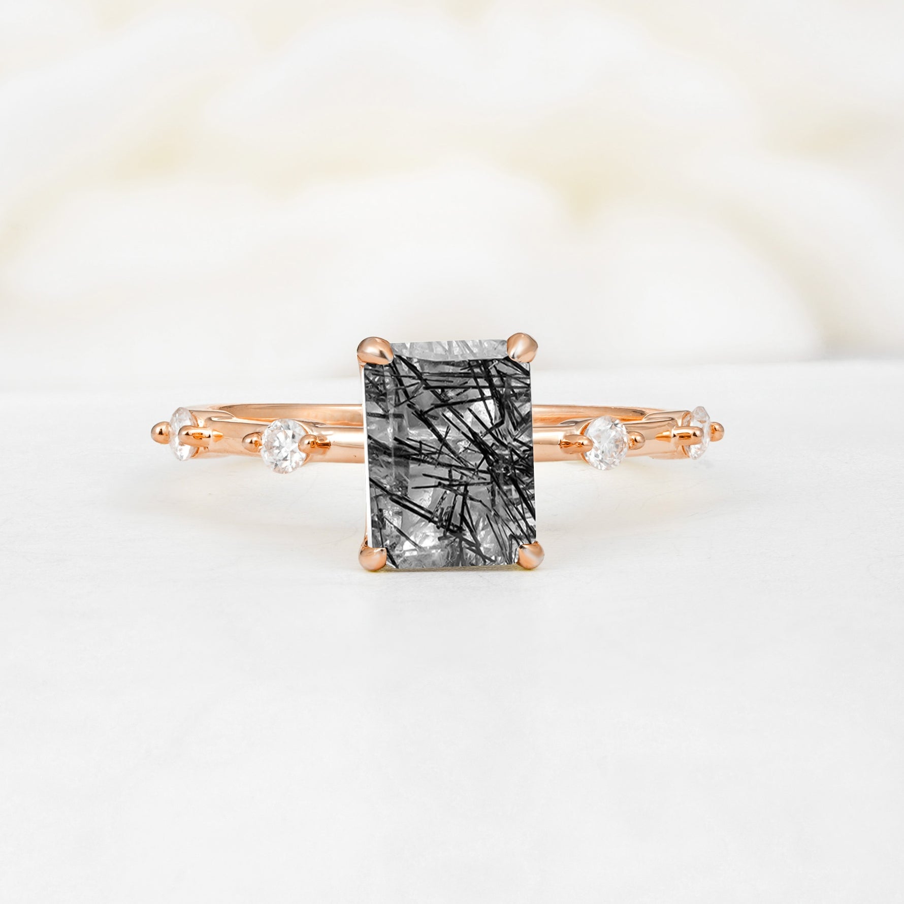 Minimalist Emerald Cut Side Stone Accent Black Rutilated Quartz Engagement Ring - Additional view