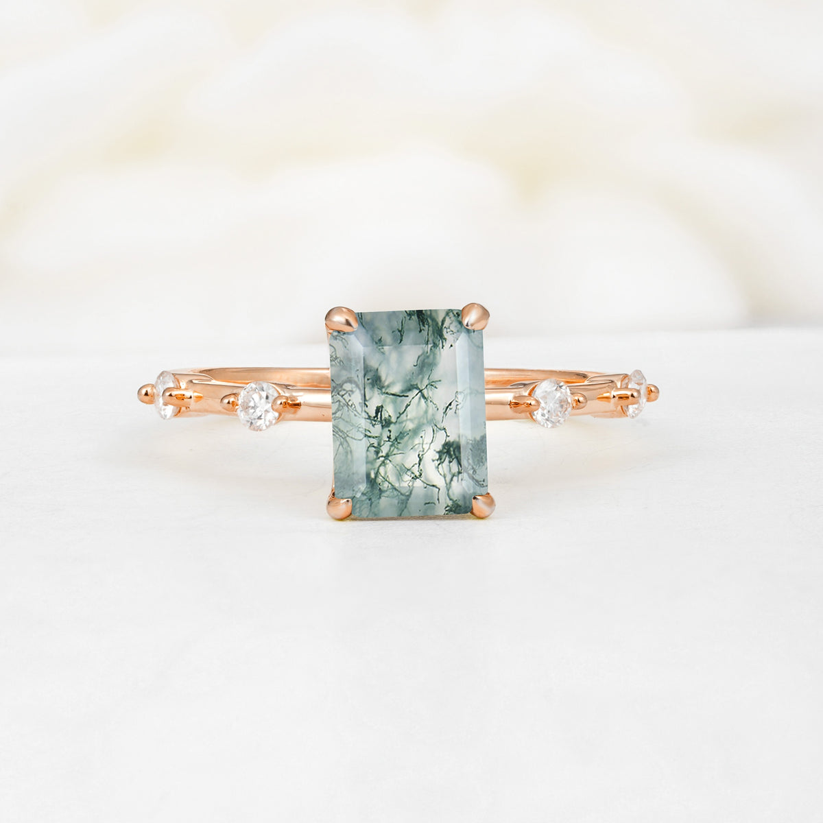 Minimalist Emerald Cut Side Stone Accent Moss Agate Engagement Ring - Additional view