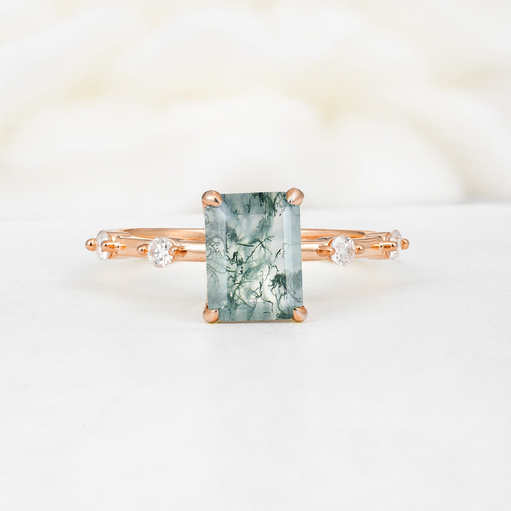 Minimalist Emerald Cut Side Stone Accent Moss Agate Engagement Ring - Additional view