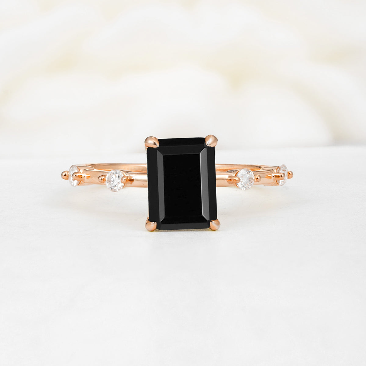 Minimalist Emerald Cut Side Stone Accent Black Onyx Engagement Ring - Additional view
