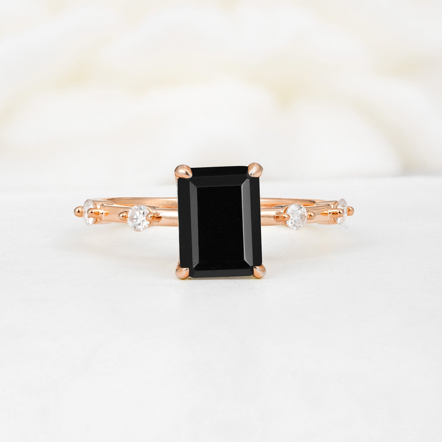 Minimalist Emerald Cut Side Stone Accent Black Onyx Engagement Ring - Additional view