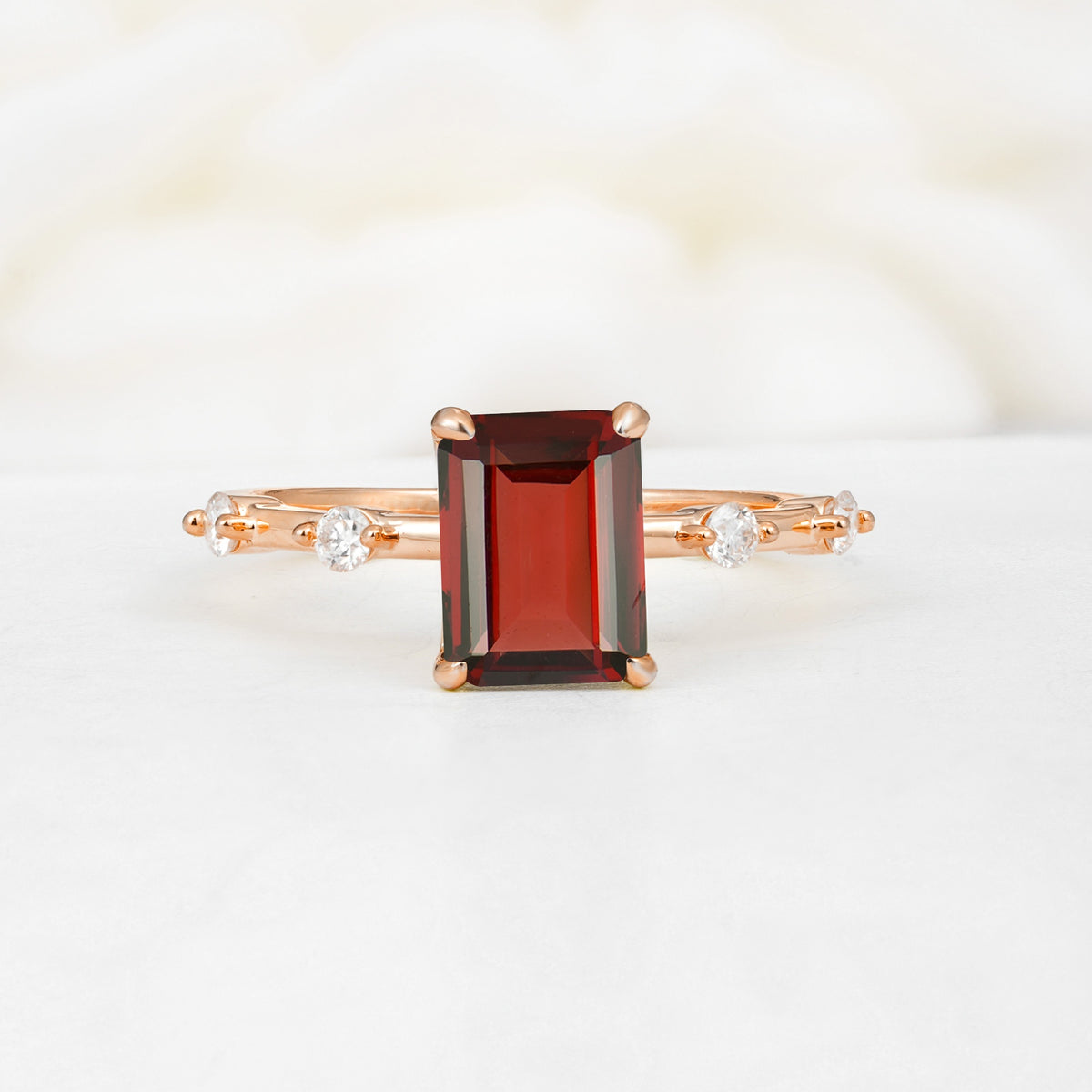 Minimalist Emerald Cut Side Stone Accent Garnet Engagement Ring - Additional view
