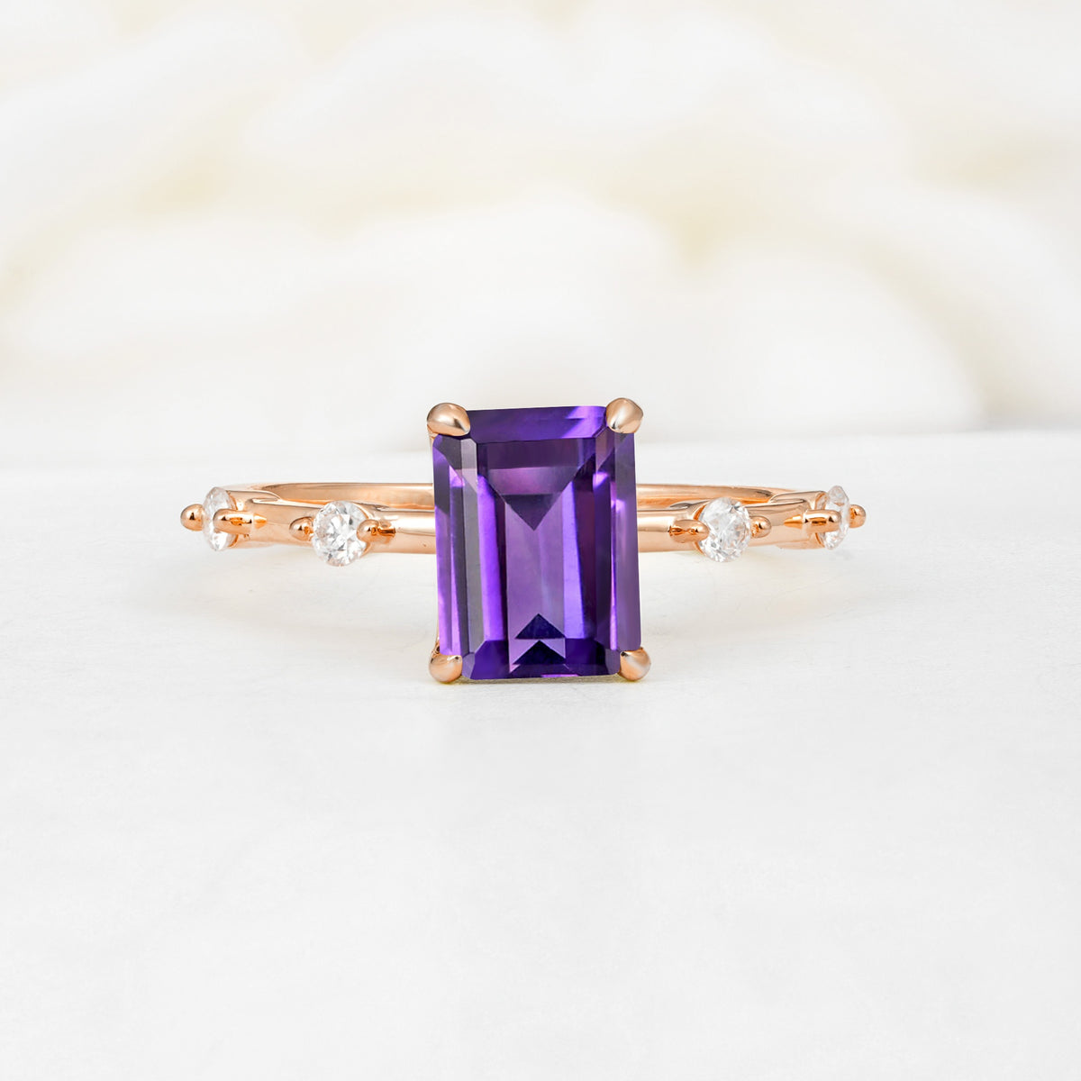 Minimalist Emerald Cut Side Stone Accent Amethyst Engagement Ring - Additional view