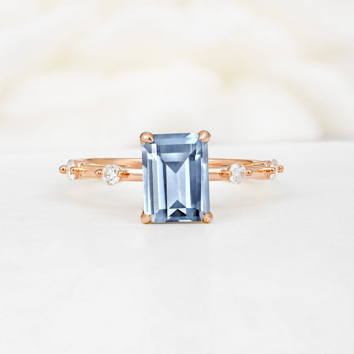 Minimalist Emerald Cut Side Stone Accent Aquamarine Engagement Ring - Additional view