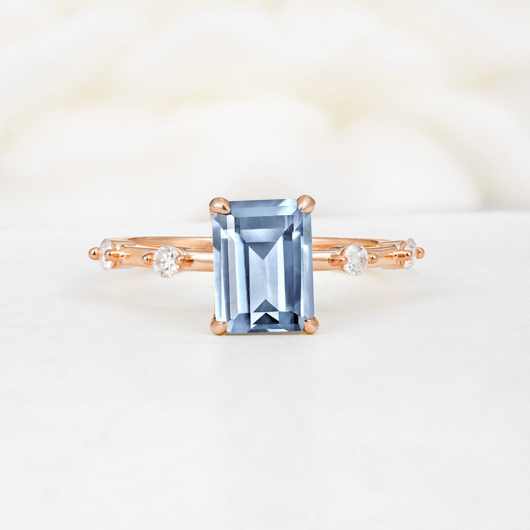 Minimalist Emerald Cut Side Stone Accent Aquamarine Engagement Ring - Additional view
