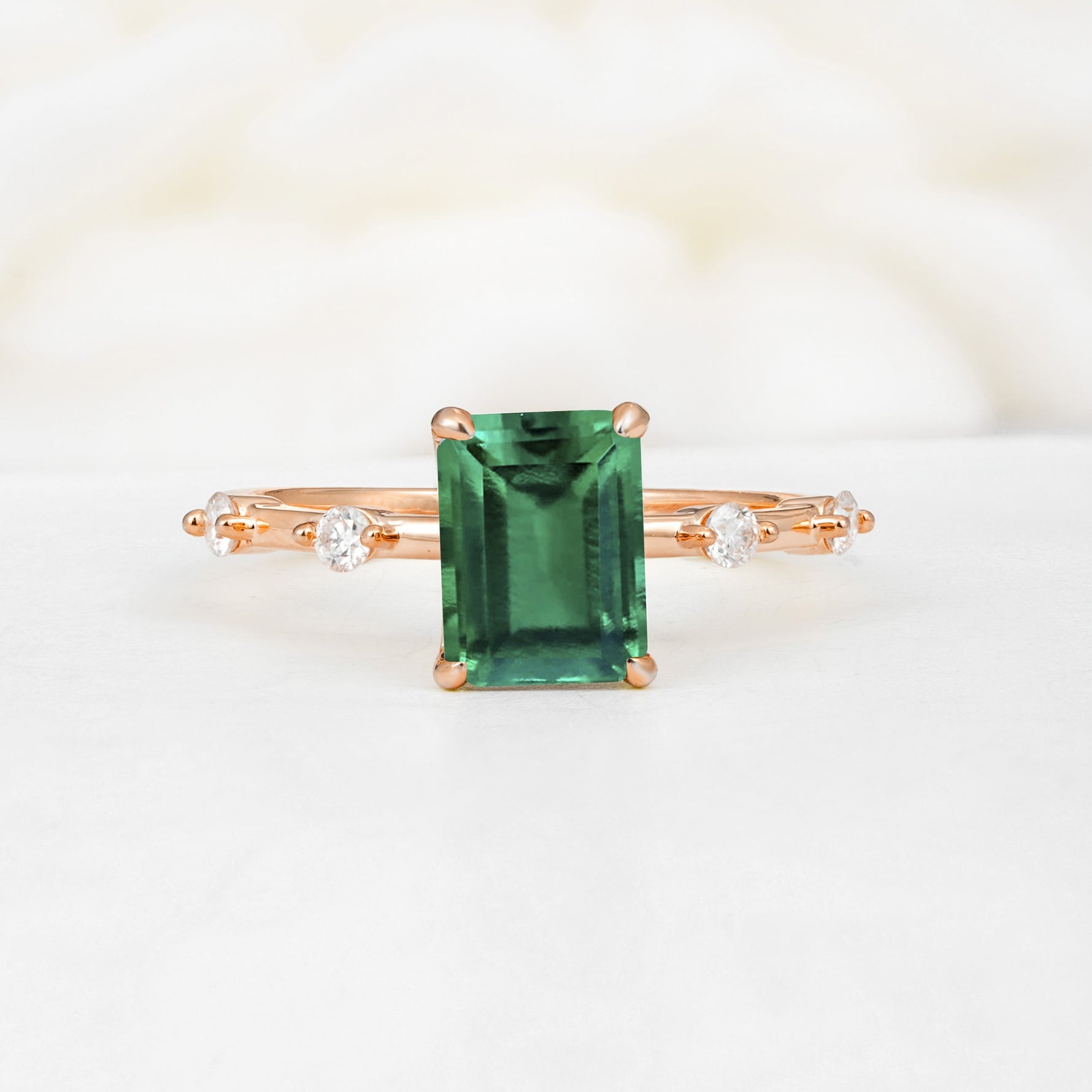 Minimalist Emerald Cut Side Stone Accent Emerald Engagement Ring - Additional view