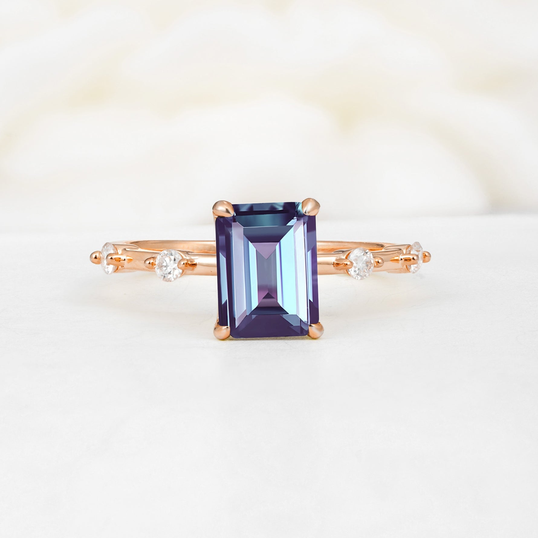 Minimalist Emerald Cut Side Stone Accent Alexandrite Engagement Ring - Additional view