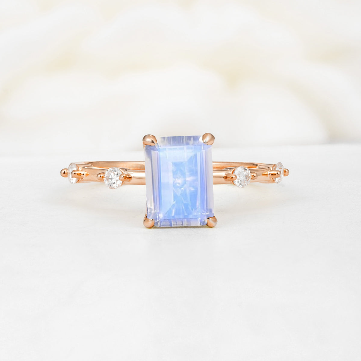 Minimalist Emerald Cut Side Stone Accent Moonstone Engagement Ring - Additional view