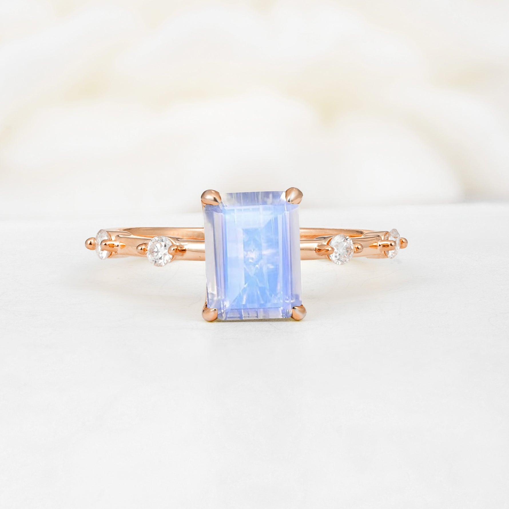 Minimalist Emerald Cut Side Stone Accent Moonstone Engagement Ring - Additional view