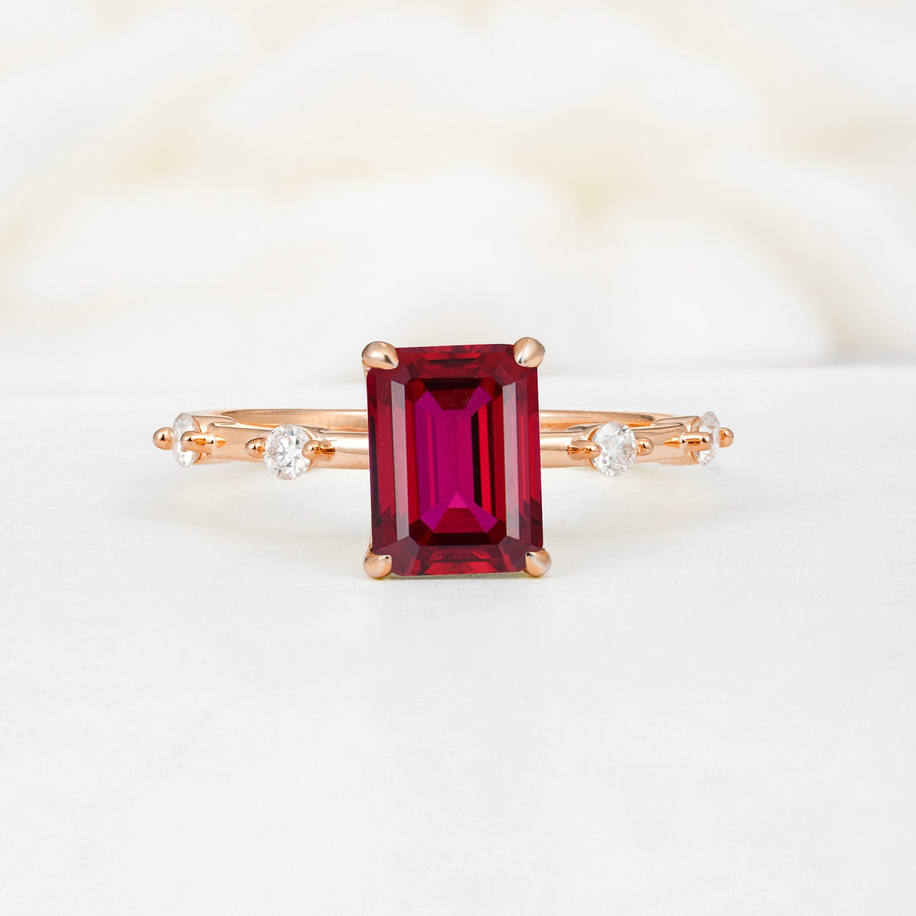 Minimalist Emerald Cut Side Stone Accent Ruby Engagement Ring - Additional view