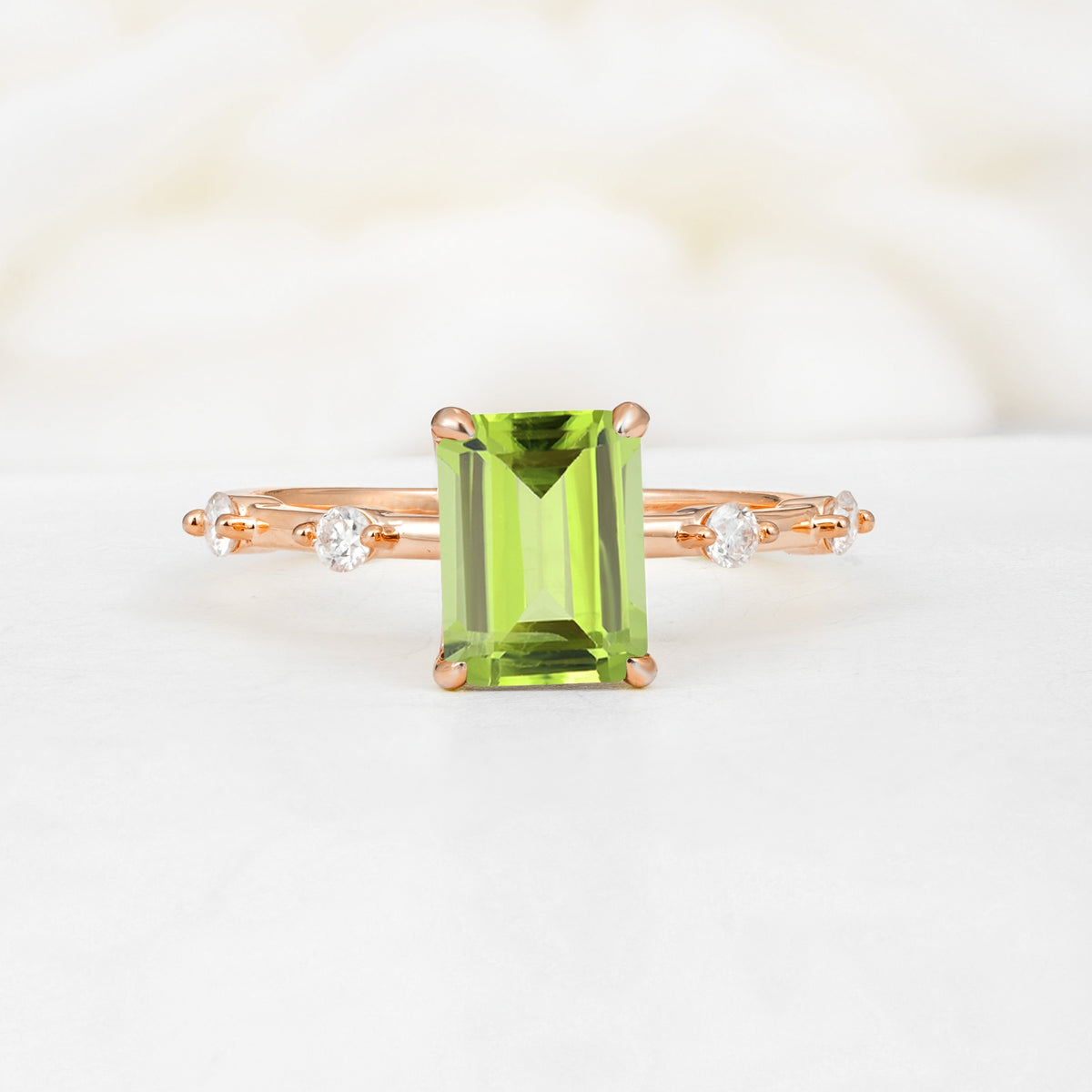 Minimalist Emerald Cut Side Stone Accent Peridot Engagement Ring - Additional view