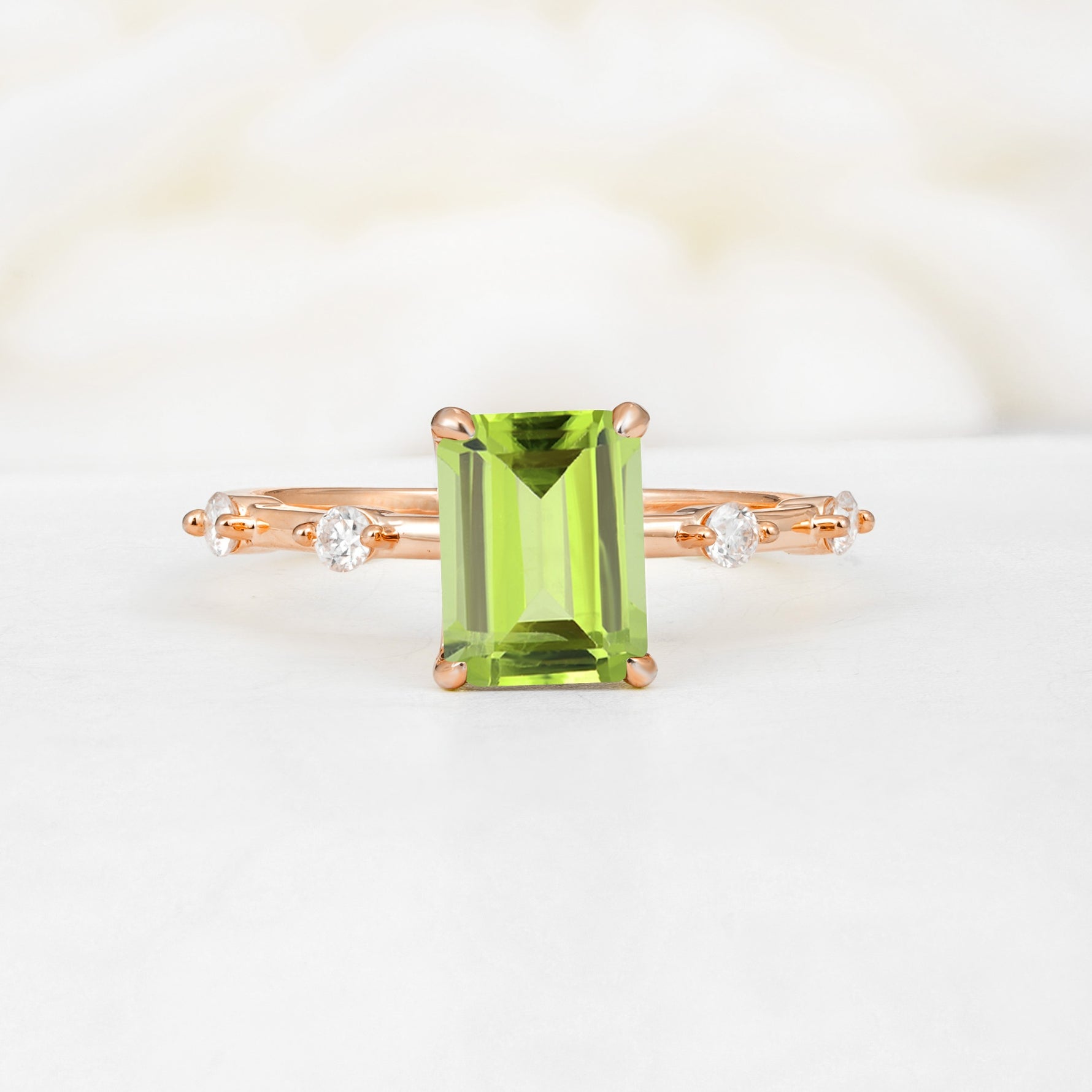 Minimalist Emerald Cut Side Stone Accent Peridot Engagement Ring - Additional view