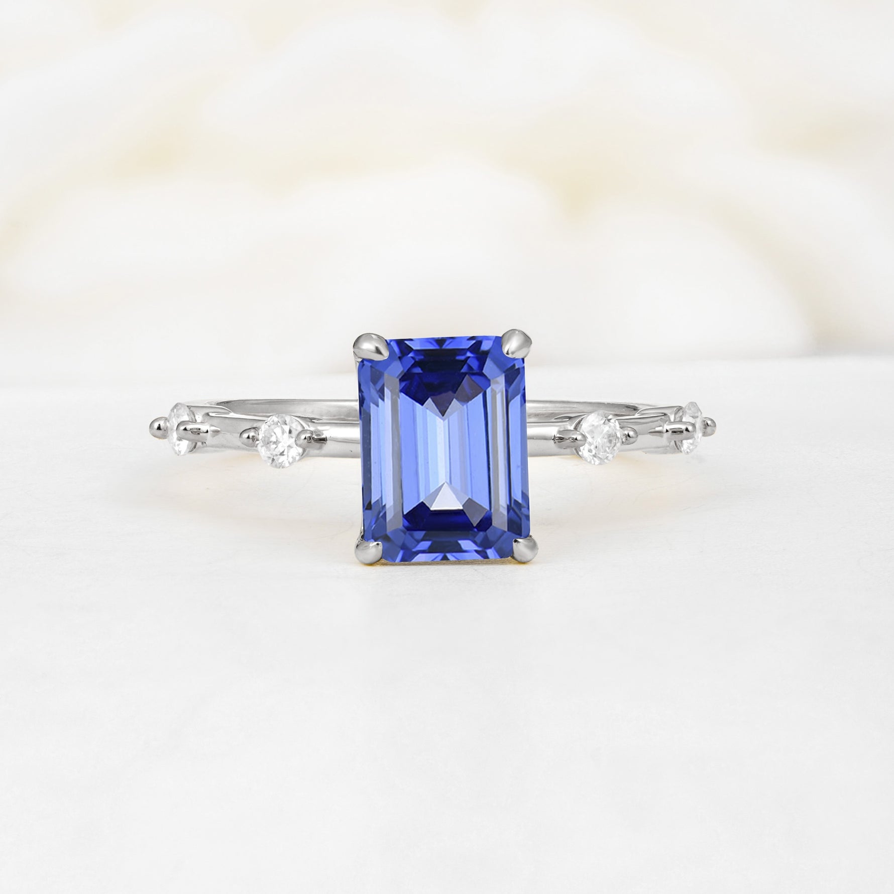Minimalist Emerald Cut Side Stone Accent Sapphire Engagement Ring - Additional view