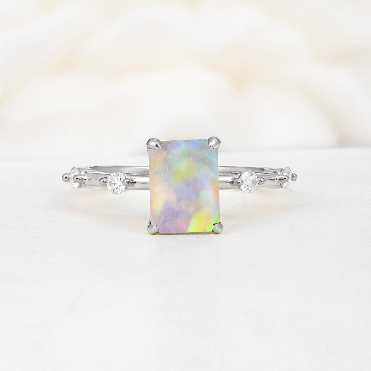 Minimalist Emerald Cut Side Stone Accent Fire Opal Engagement Ring - Additional view
