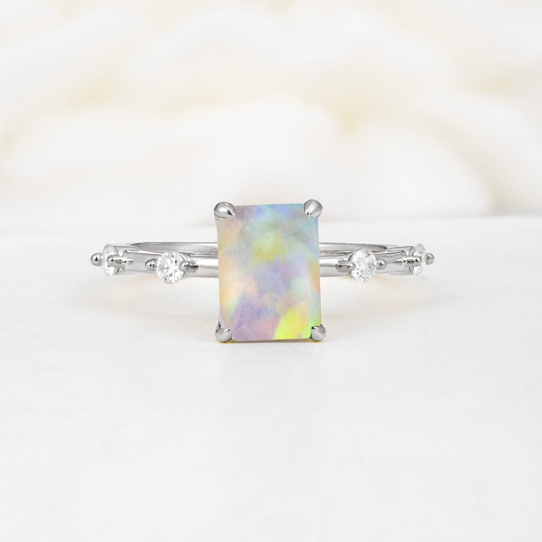 Minimalist Emerald Cut Side Stone Accent Fire Opal Engagement Ring - Additional view