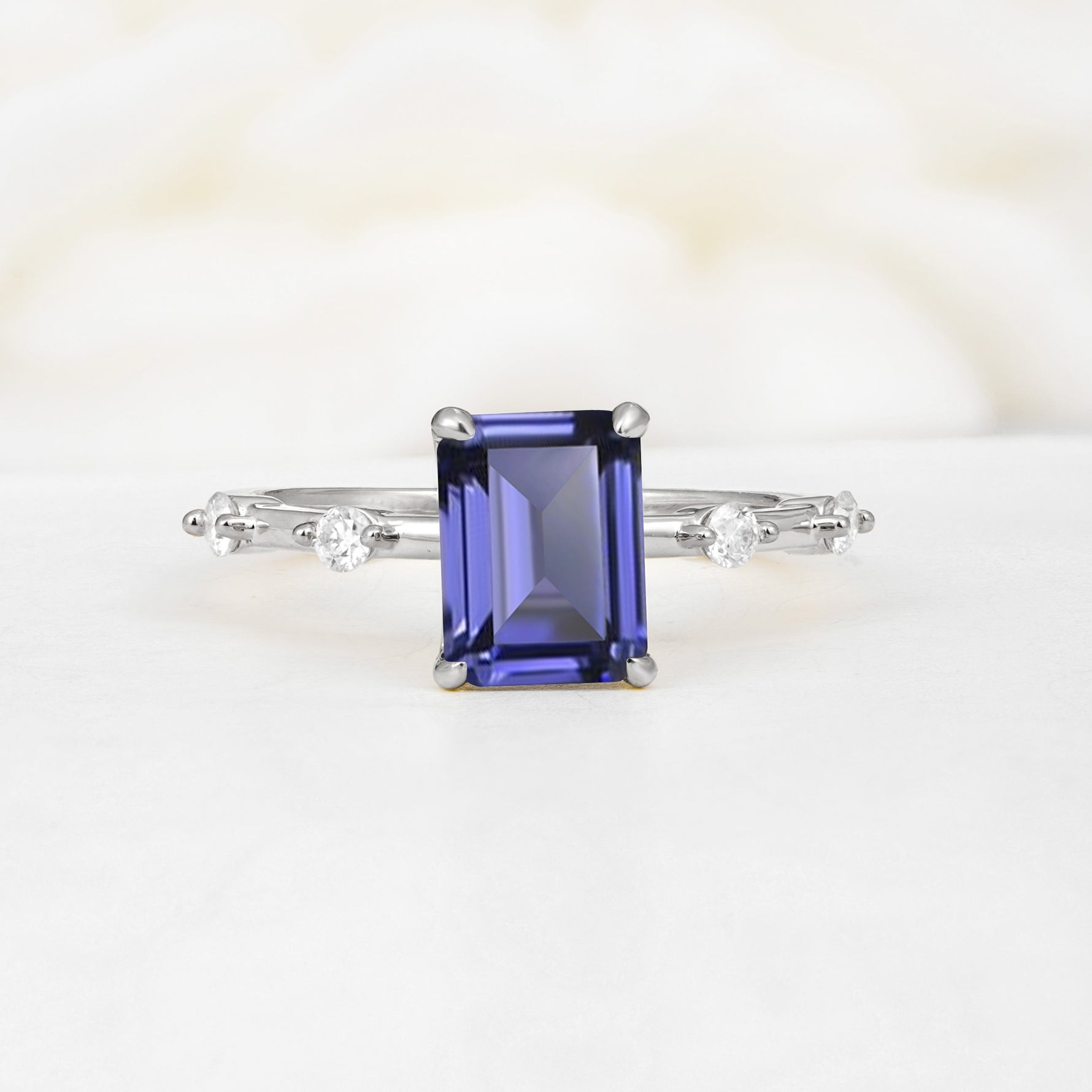 Minimalist Emerald Cut Side Stone Accent Tanzanite Engagement Ring - Additional view