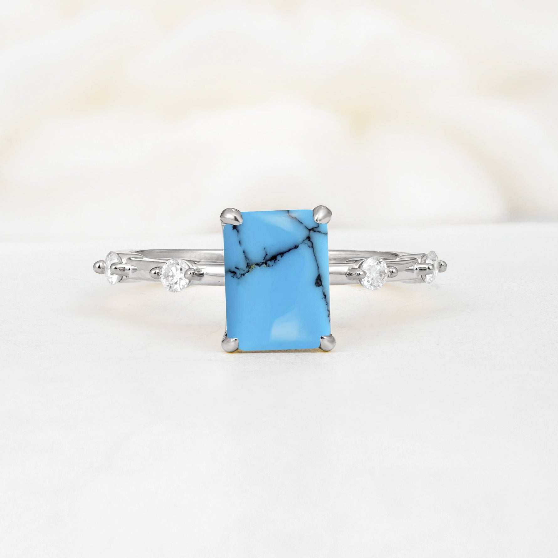 Minimalist Emerald Cut Side Stone Accent Turquoise Engagement Ring - Additional view