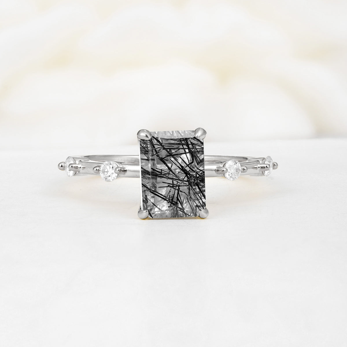 Minimalist Emerald Cut Side Stone Accent Black Rutilated Quartz Engagement Ring - Additional view