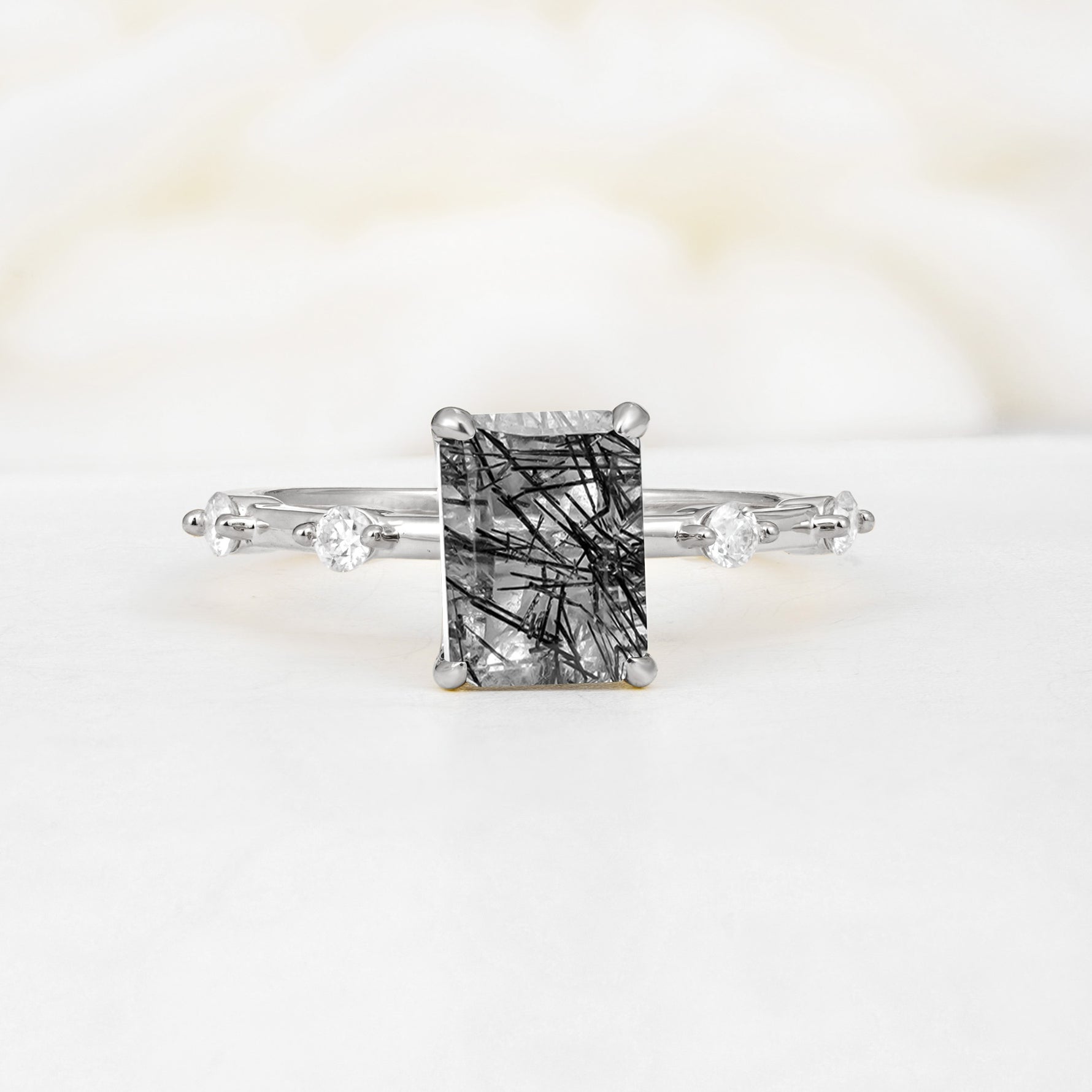 Minimalist Emerald Cut Side Stone Accent Black Rutilated Quartz Engagement Ring - Additional view