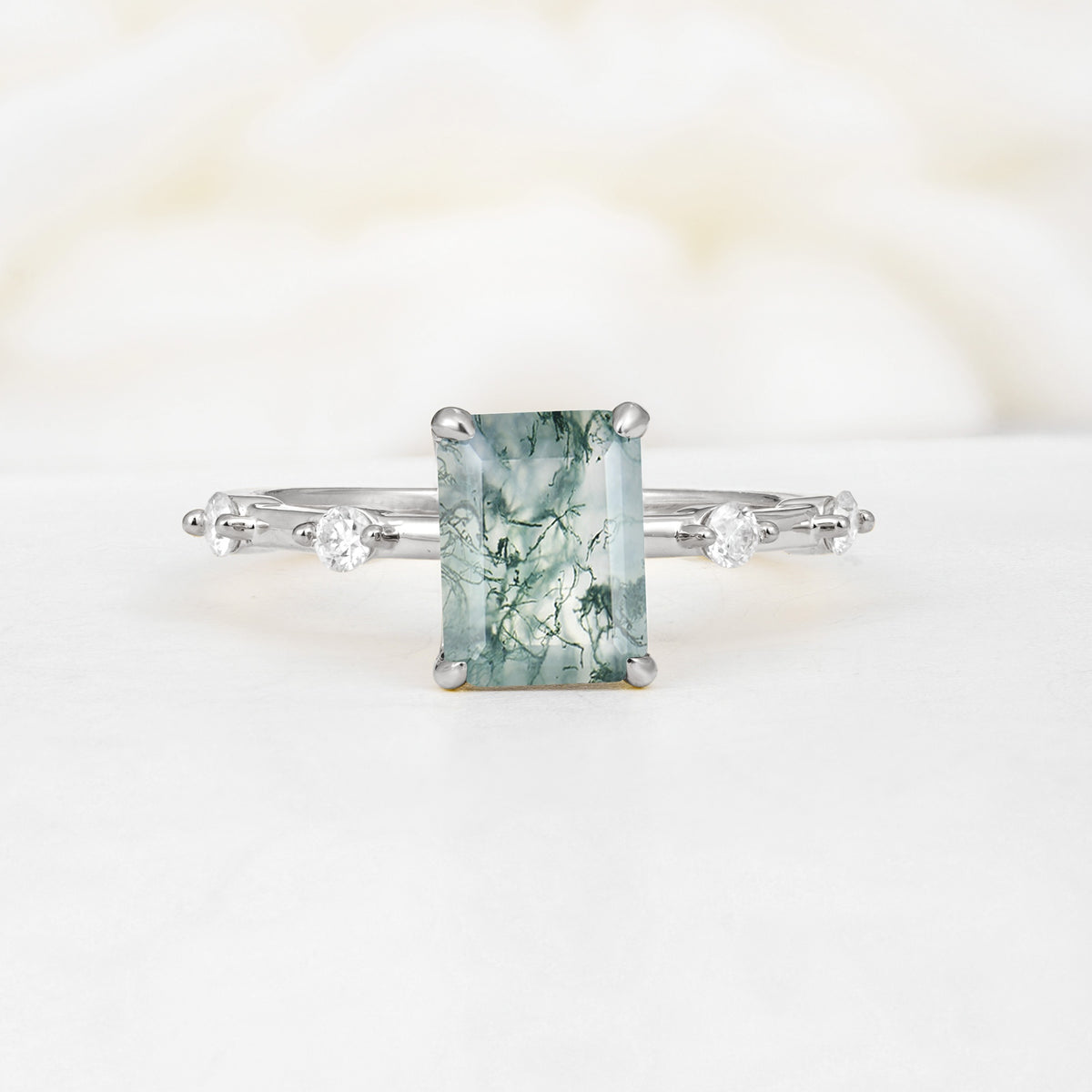 Minimalist Emerald Cut Side Stone Accent Moss Agate Engagement Ring - Additional view