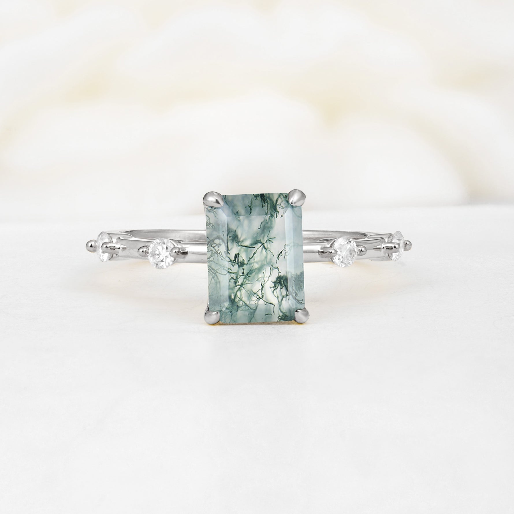 Minimalist Emerald Cut Side Stone Accent Moss Agate Engagement Ring - Additional view
