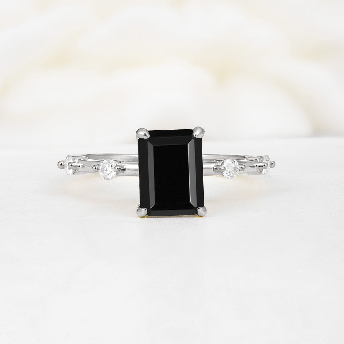 Minimalist Emerald Cut Side Stone Accent Black Onyx Engagement Ring - Additional view