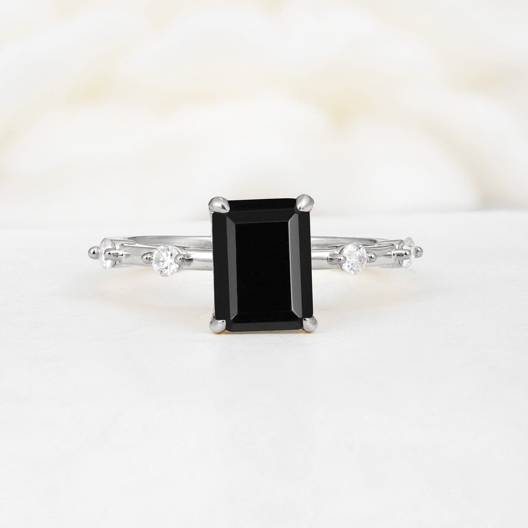 Minimalist Emerald Cut Side Stone Accent Black Onyx Engagement Ring - Additional view