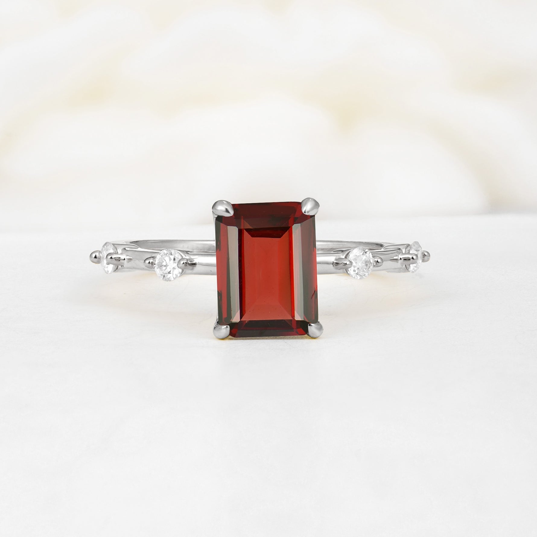 Minimalist Emerald Cut Side Stone Accent Garnet Engagement Ring - Additional view