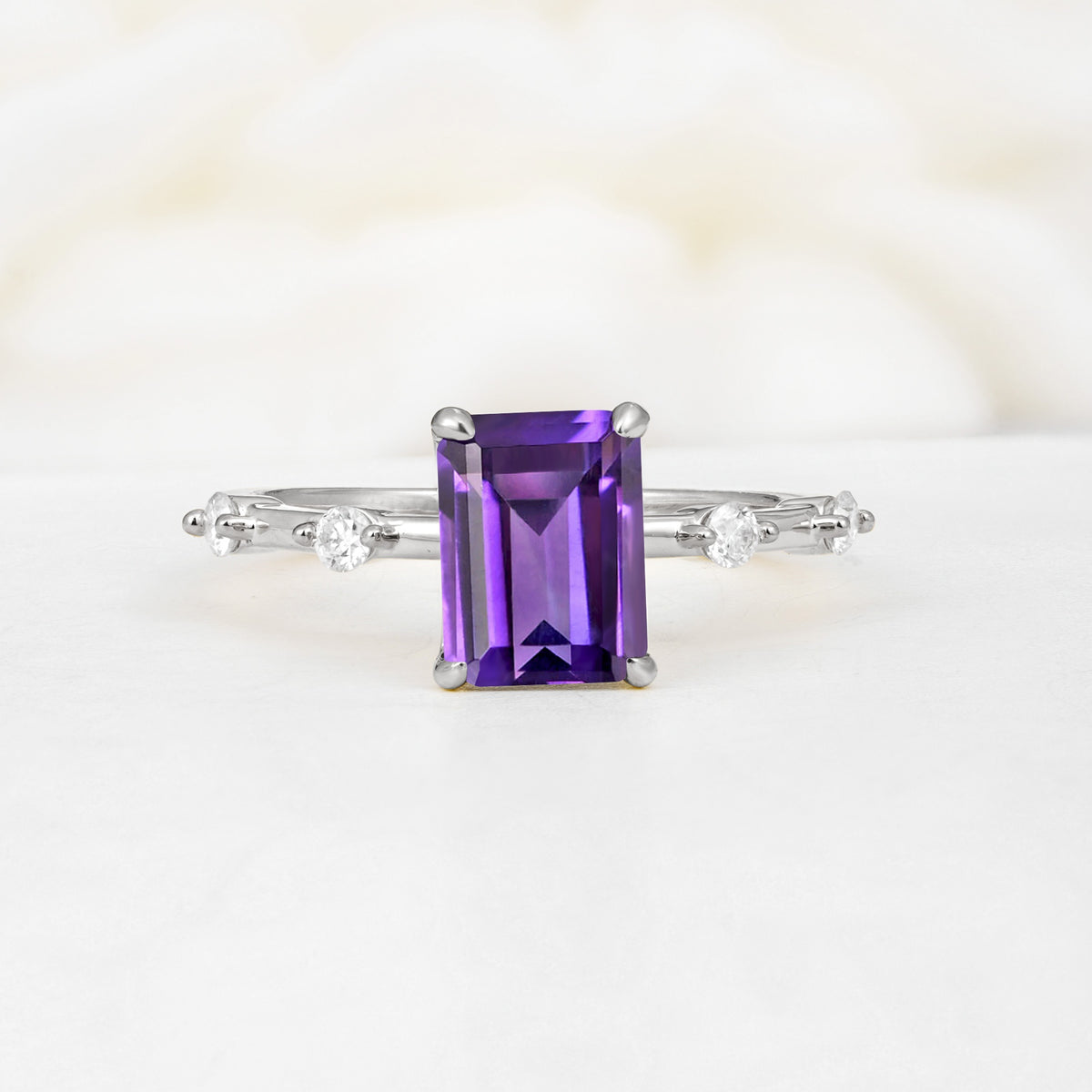 Minimalist Emerald Cut Side Stone Accent Amethyst Engagement Ring - Additional view