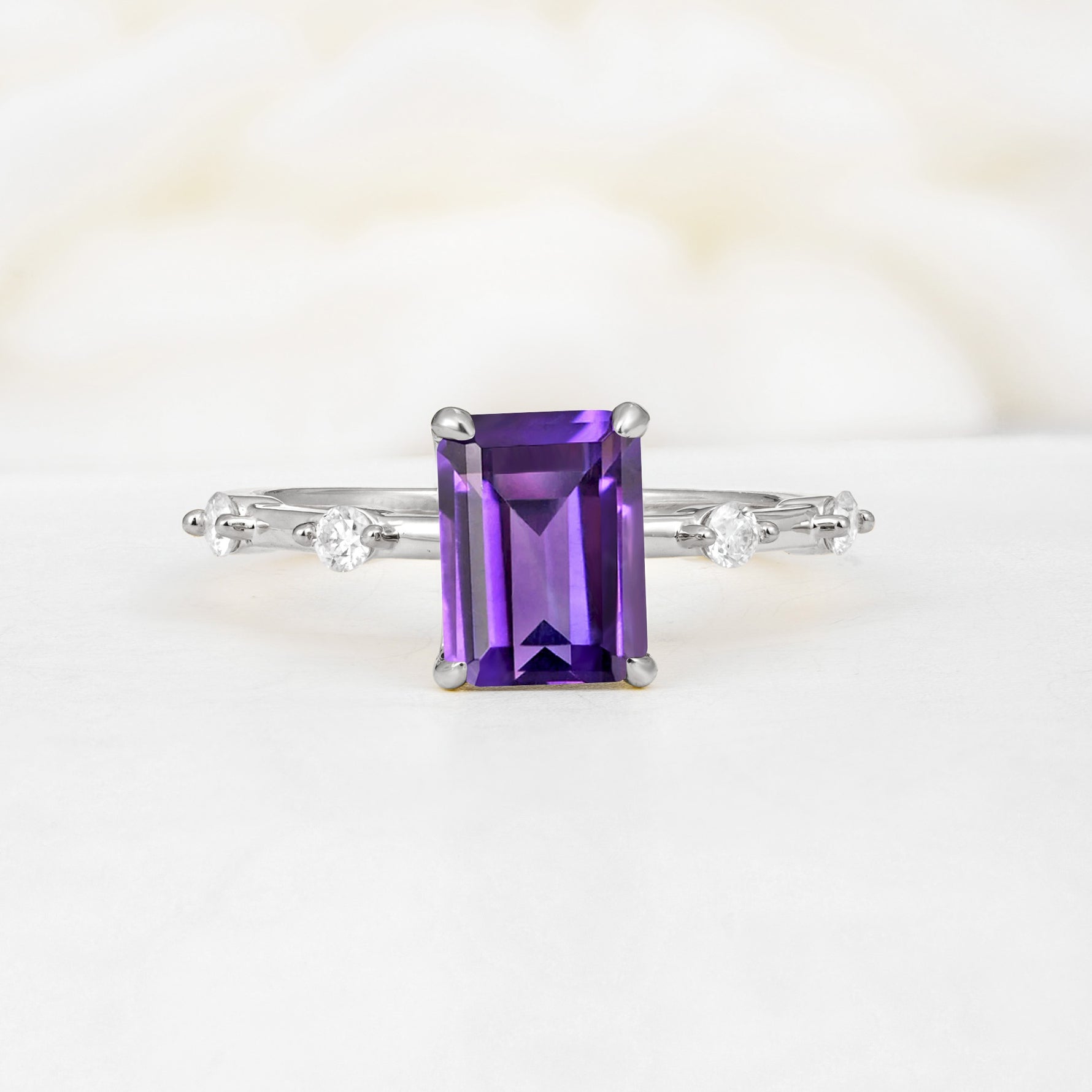 Minimalist Emerald Cut Side Stone Accent Amethyst Engagement Ring - Additional view