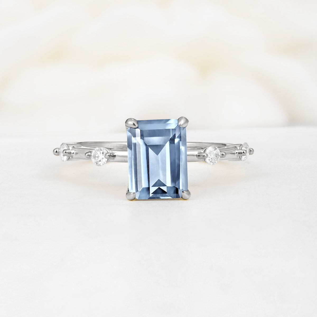 Minimalist Emerald Cut Side Stone Accent Aquamarine Engagement Ring - Additional view