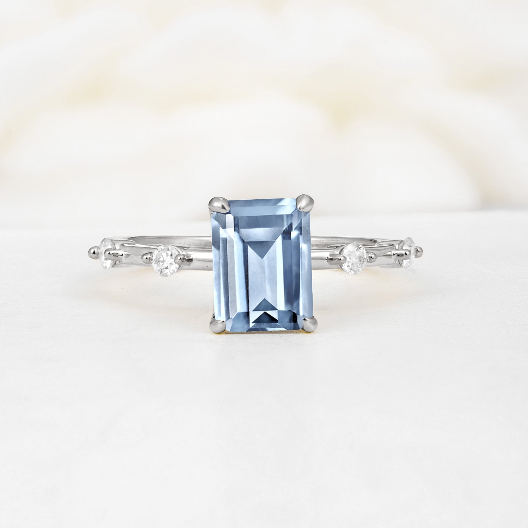 Minimalist Emerald Cut Side Stone Accent Aquamarine Engagement Ring - Additional view