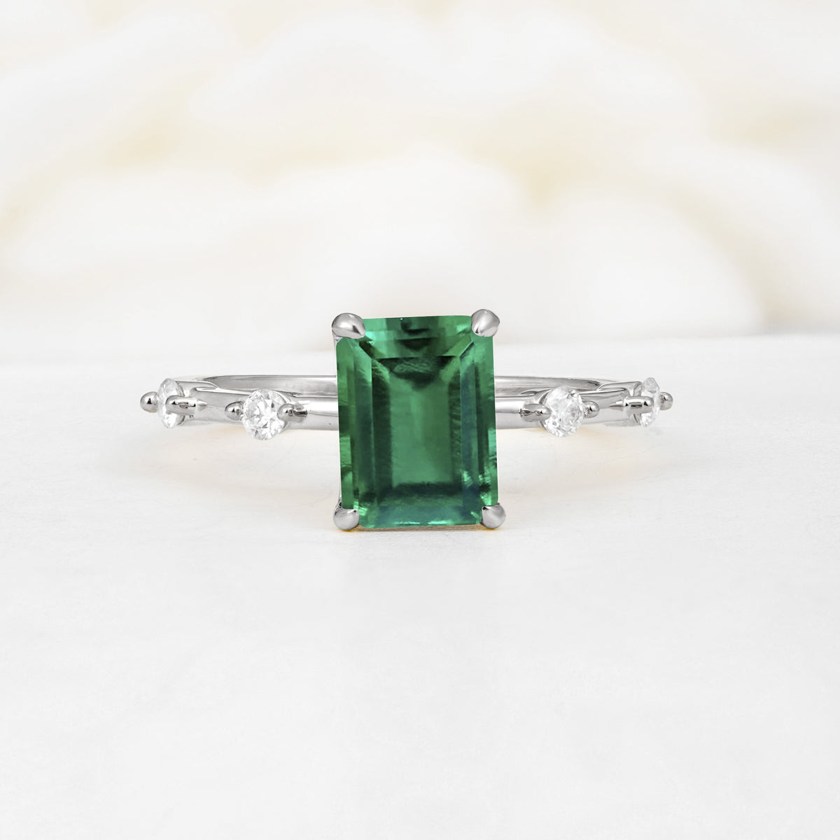 Minimalist Emerald Cut Side Stone Accent Emerald Engagement Ring - Additional view