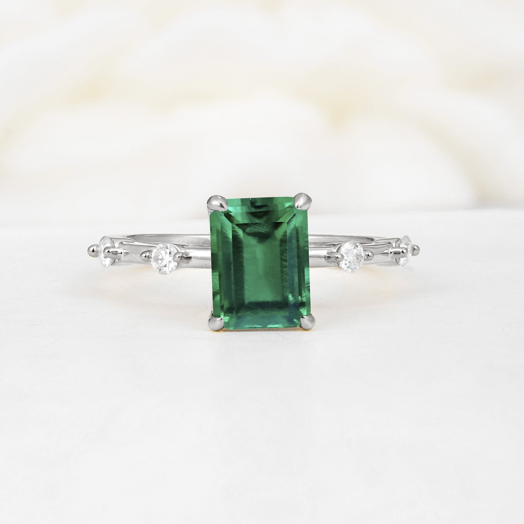 Minimalist Emerald Cut Side Stone Accent Emerald Engagement Ring - Additional view